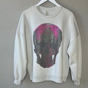LA Society Cream Beaded Skull Design Crew Neck Long Sleeve Sweatshirt Size M
